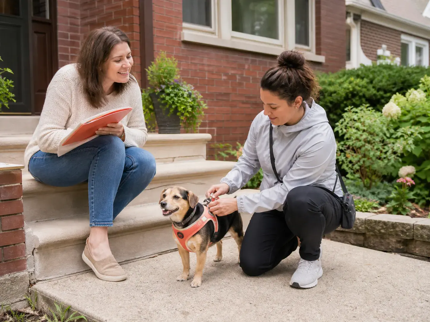 AI-generated illustration of a harness check with a pet owner on a front stoop