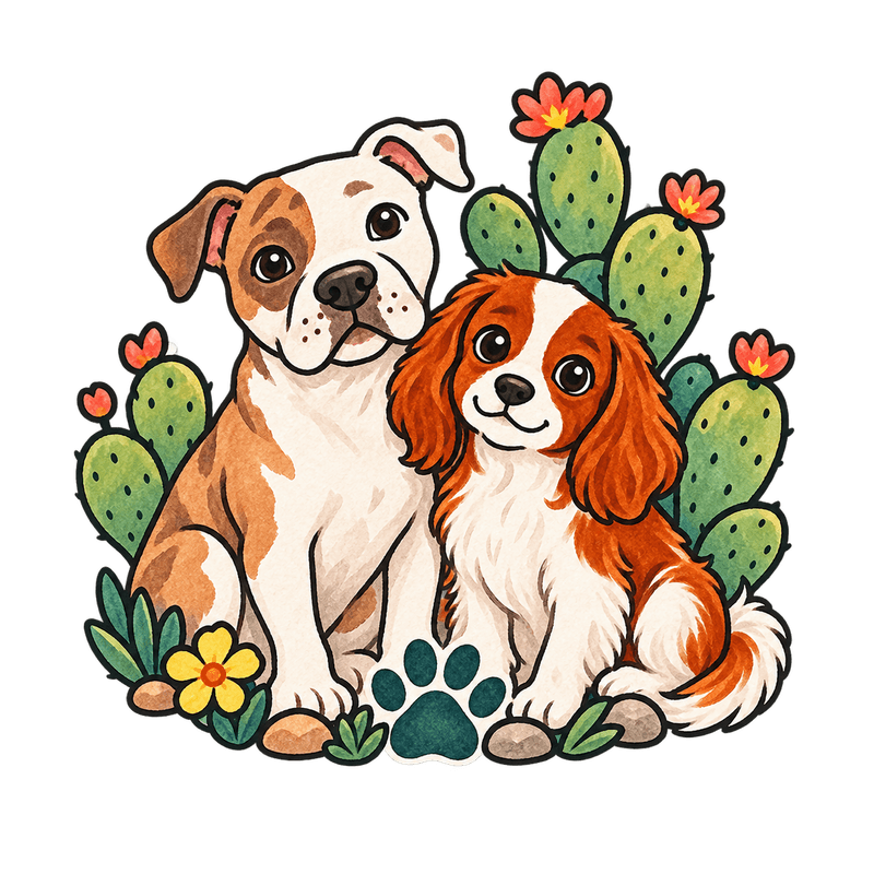 The Nopawlitos mark: two dogs, a paw print, and prickly pear cactus